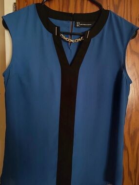 New York & Company Blue Sleeveless V-Neck Blouse with Black Trim